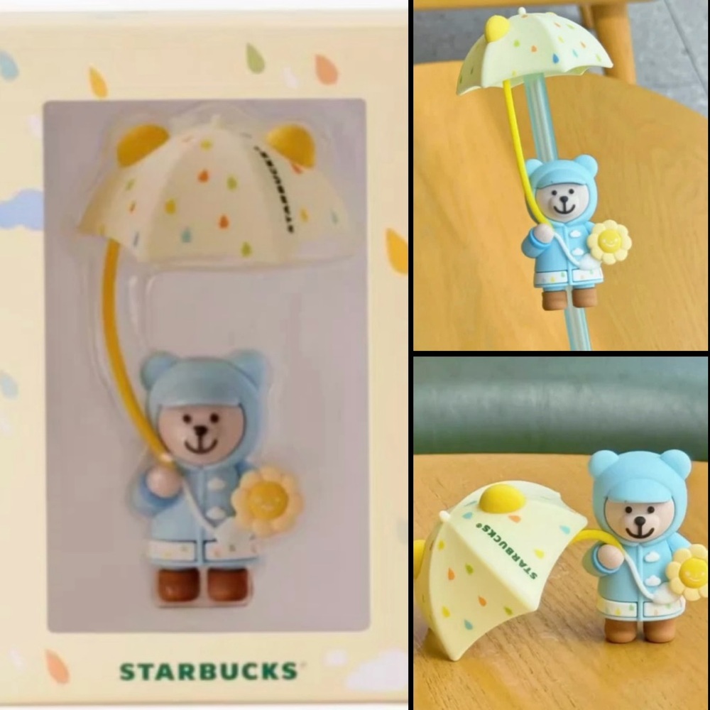 Starbucks Rainy Day Barista Bear with umbrella straw topper / RARE / NEW in box